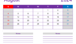 August 2024 Monthly Calendar Template A8258