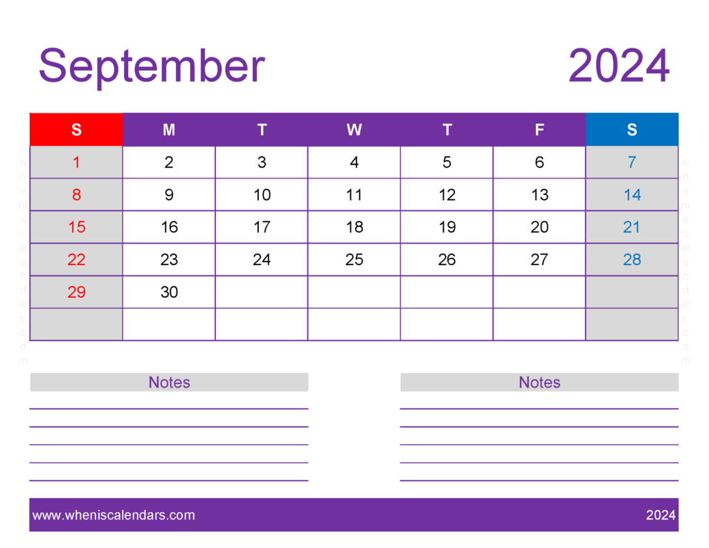 Download September 2024 monthly Calendar Template Letter Horizontal 94258