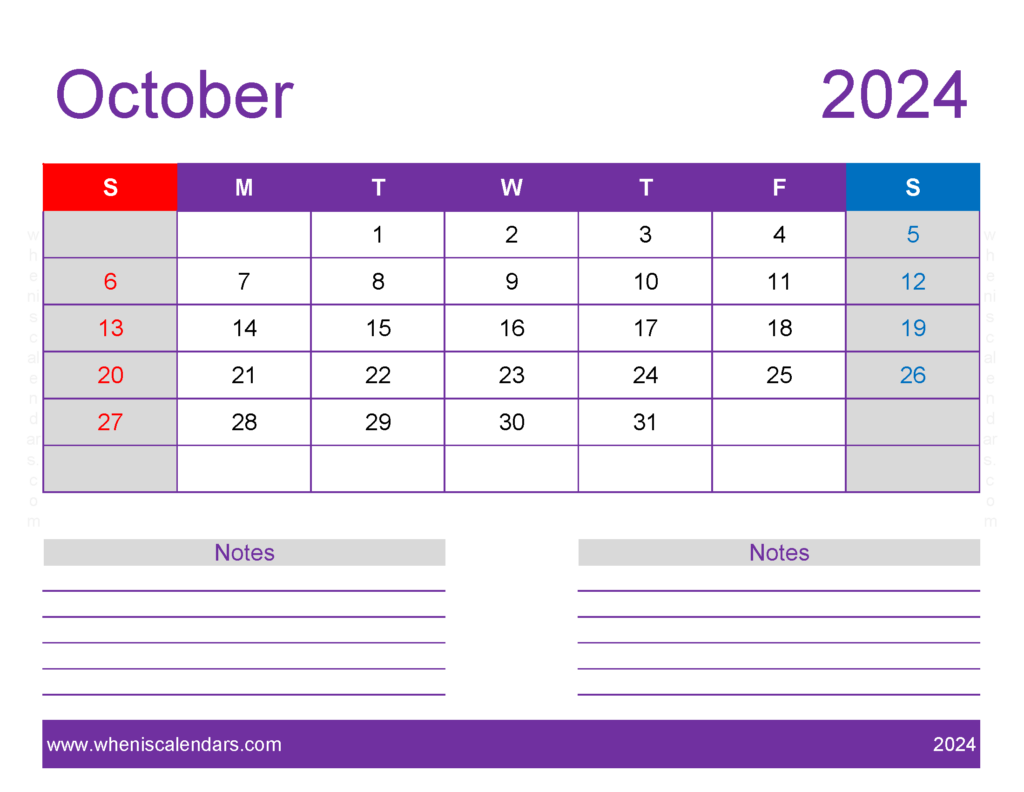 Download October 2024 monthly Calendar Template Letter Horizontal 104258