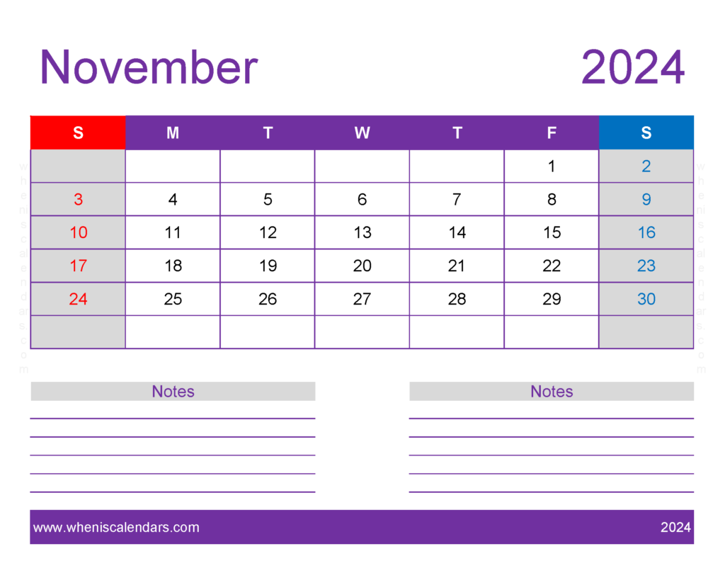 Download November 2024 monthly Calendar Template Letter Horizontal 114258