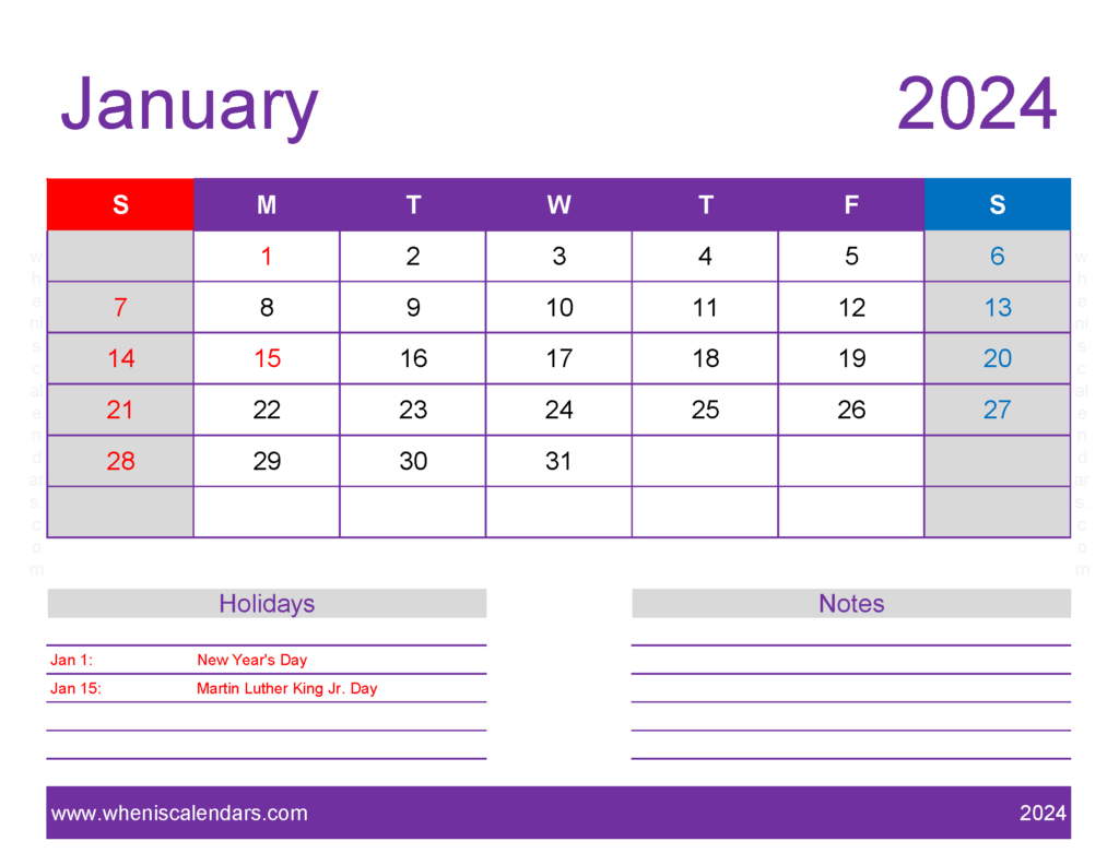 Download January 2024 Calendar Free print Letter Horizontal J4178