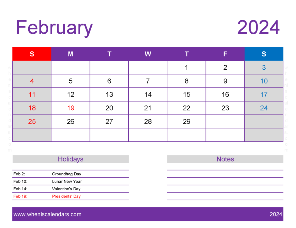 Download February 2024 Calendar Free print Letter Horizontal 24178