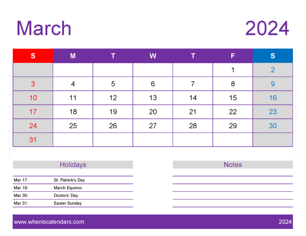 Download March 2024 Calendar Free print Letter Horizontal 34178