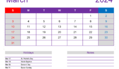 March 2024 Calendar Free Print M3178