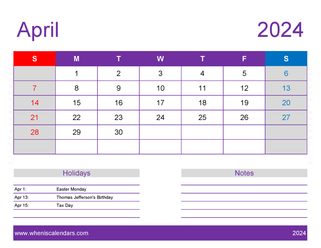 Download April 2024 Calendar Free print Letter Horizontal 44178