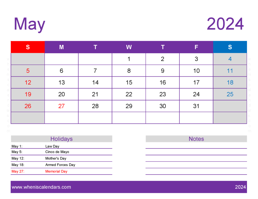 Download May 2024 Calendar Free print Letter Horizontal 54178