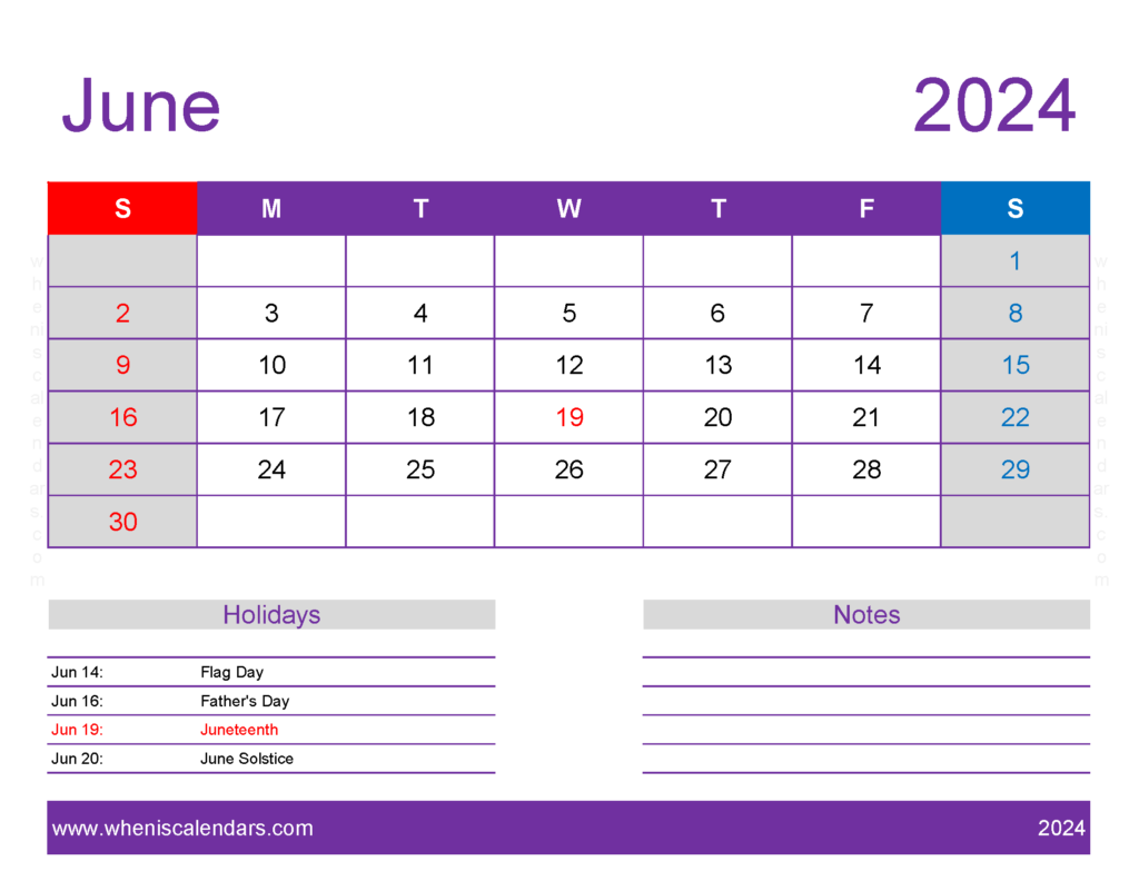 Download June 2024 Calendar Free print Letter Horizontal 64178