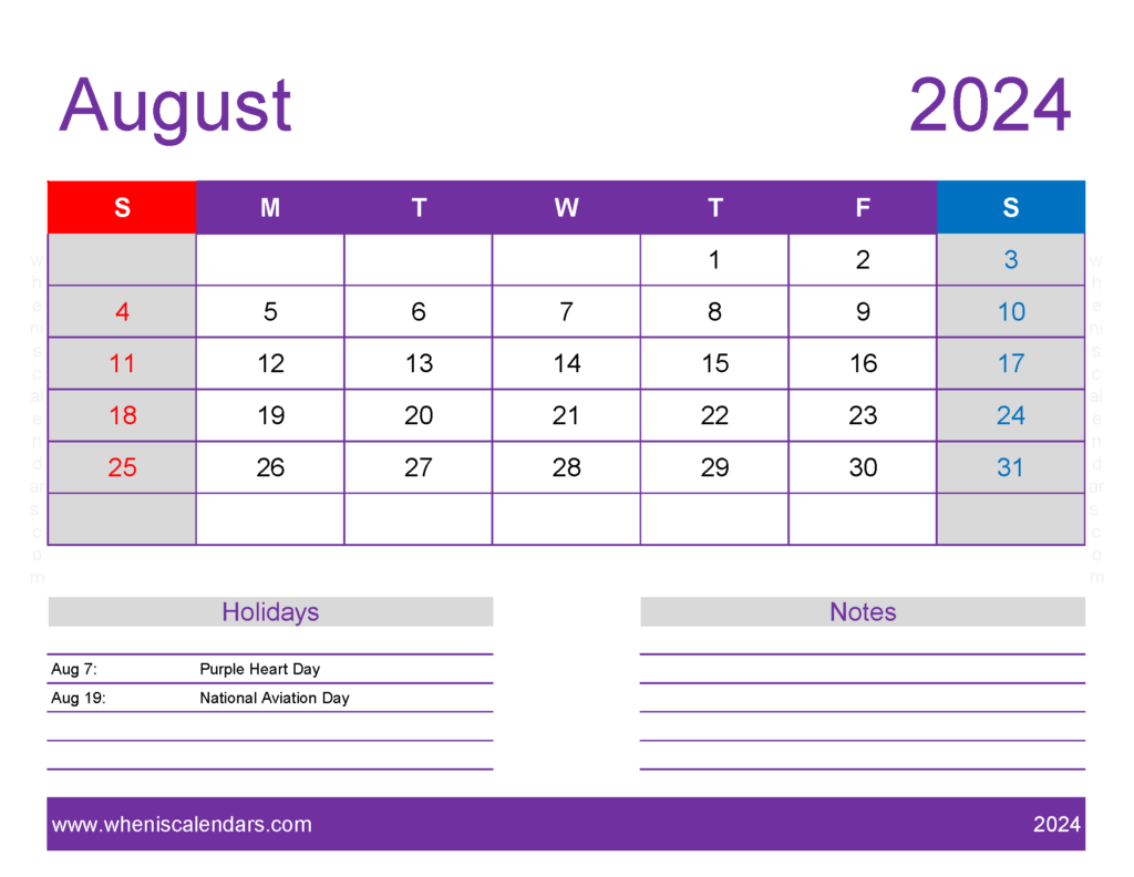 Download August 2024 Calendar Free print Letter Horizontal 84178
