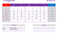 August 2024 Calendar Free Print A8178
