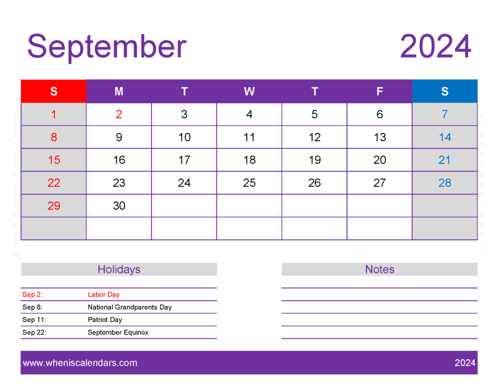 Download September 2024 Calendar Free print Letter Horizontal 94178