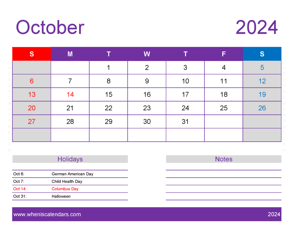 Download October 2024 Calendar Free print Letter Horizontal 104178