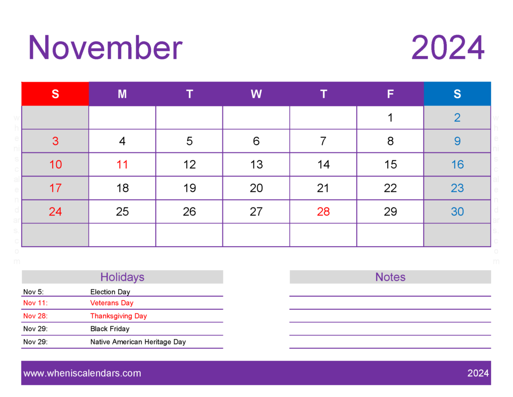 Download November 2024 Calendar Free print Letter Horizontal 114178