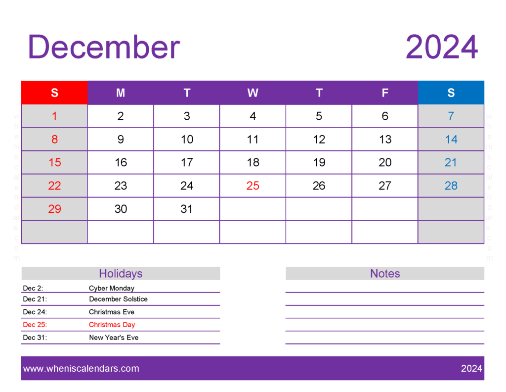 Download December 2024 Calendar Free print Letter Horizontal 124178
