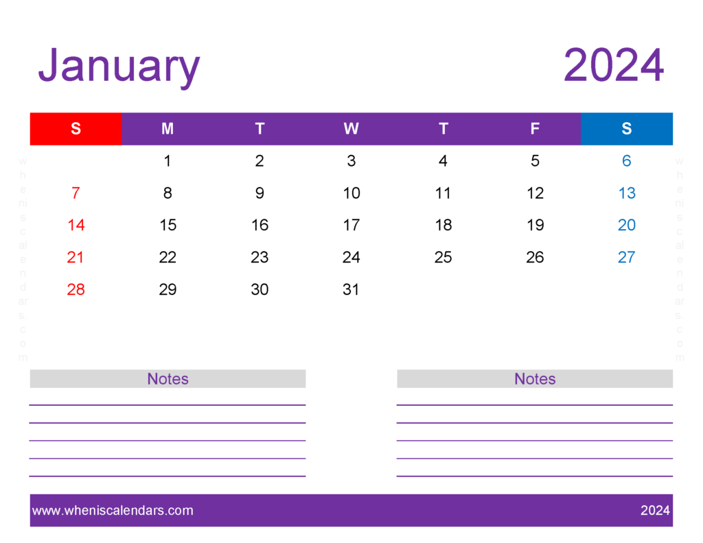 Download print Free Calendar January 2024 Letter Horizontal J4259