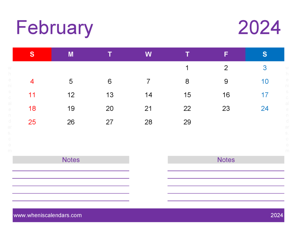 Download print Free Calendar February 2024 Letter Horizontal 24259