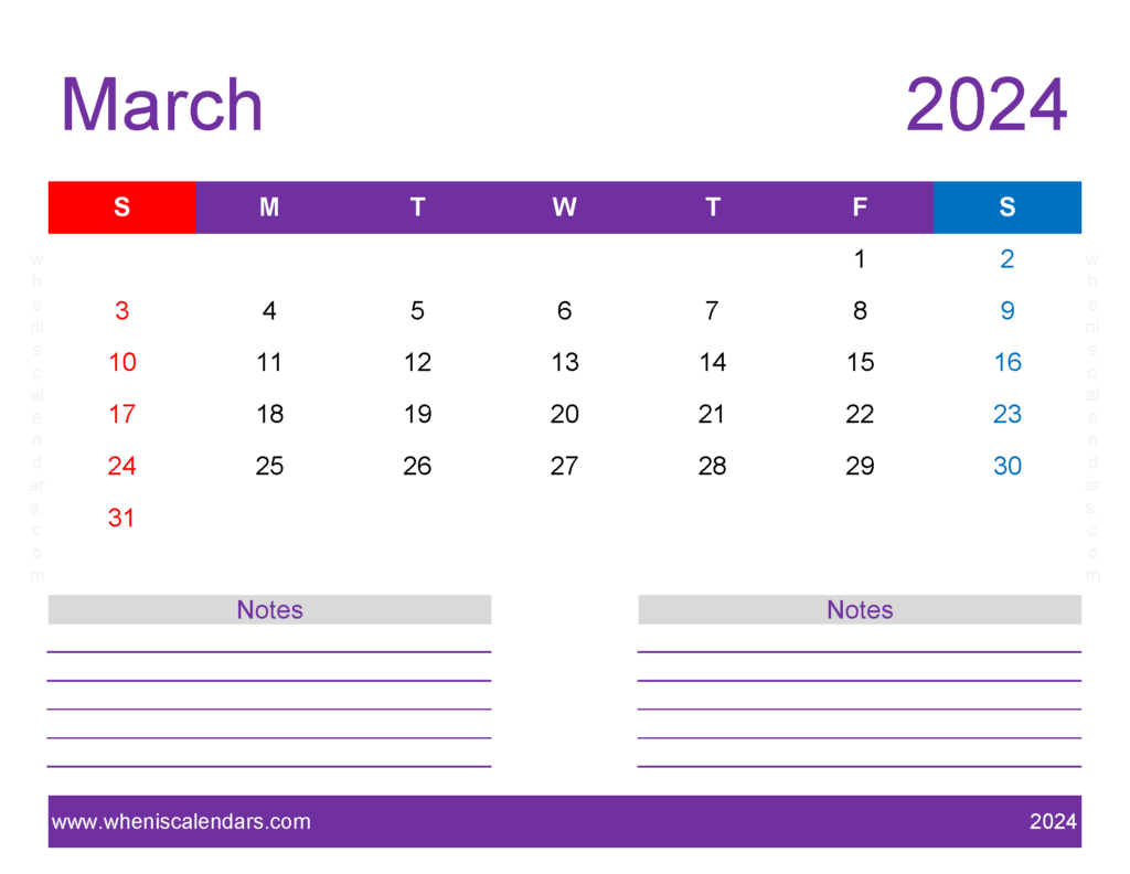 Download print Free Calendar March 2024 Letter Horizontal 34259