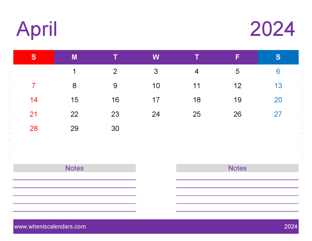 Download print Free Calendar April 2024 Letter Horizontal 44259