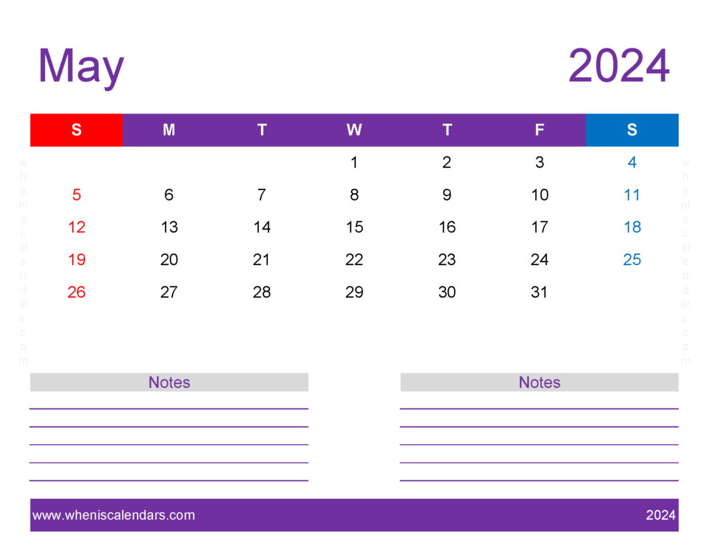 Download print Free Calendar May 2024 Letter Horizontal 54259