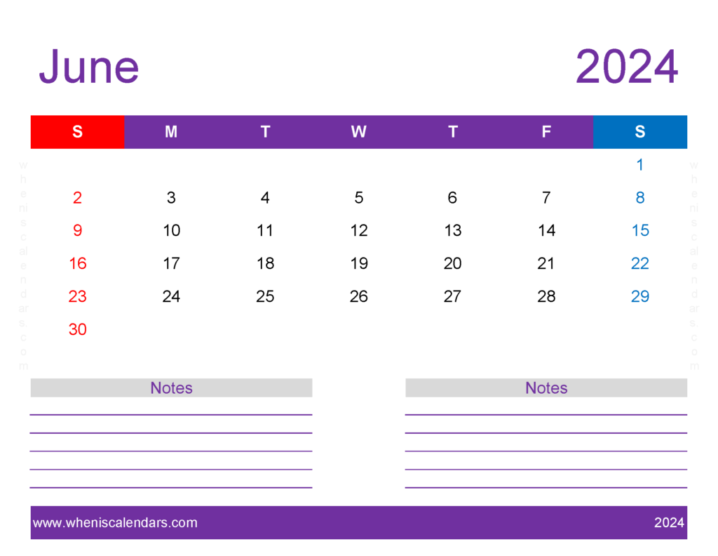 Download print Free Calendar June 2024 Letter Horizontal 64259