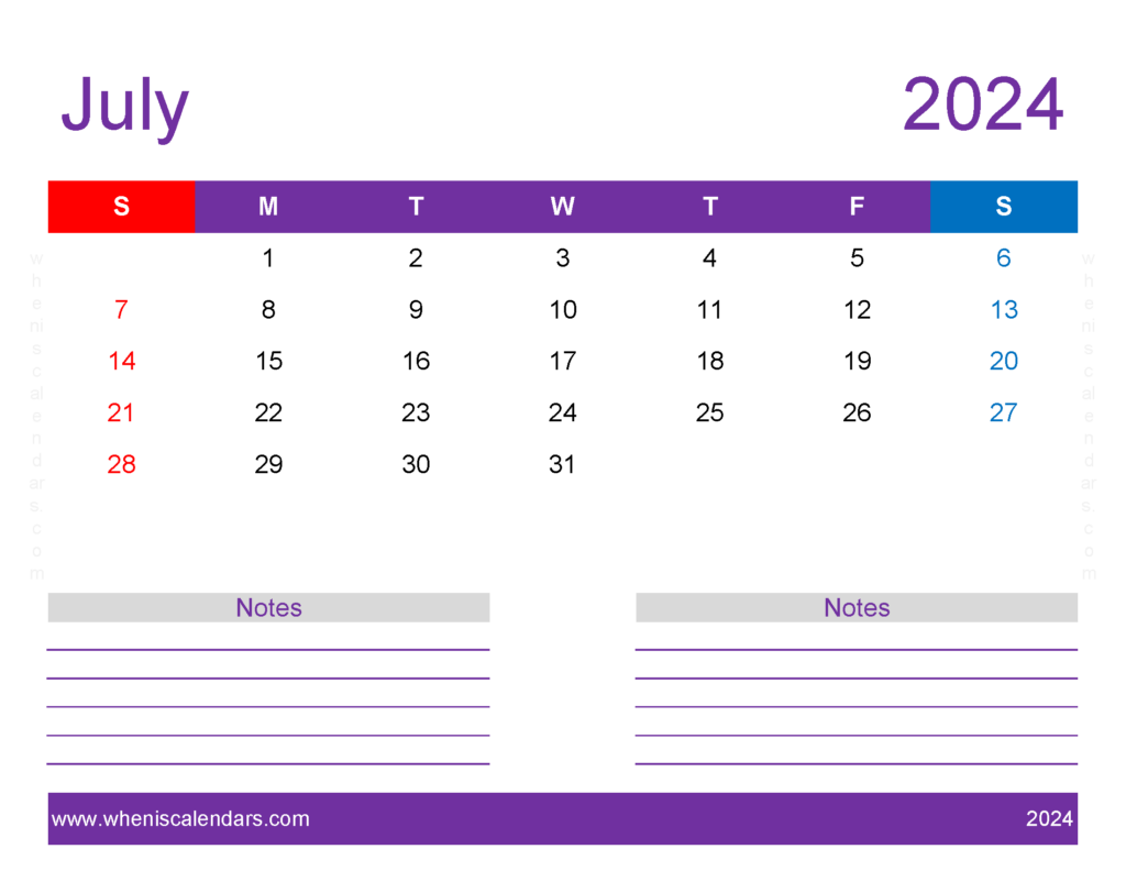 Download print Free Calendar July 2024 Letter Horizontal 74259
