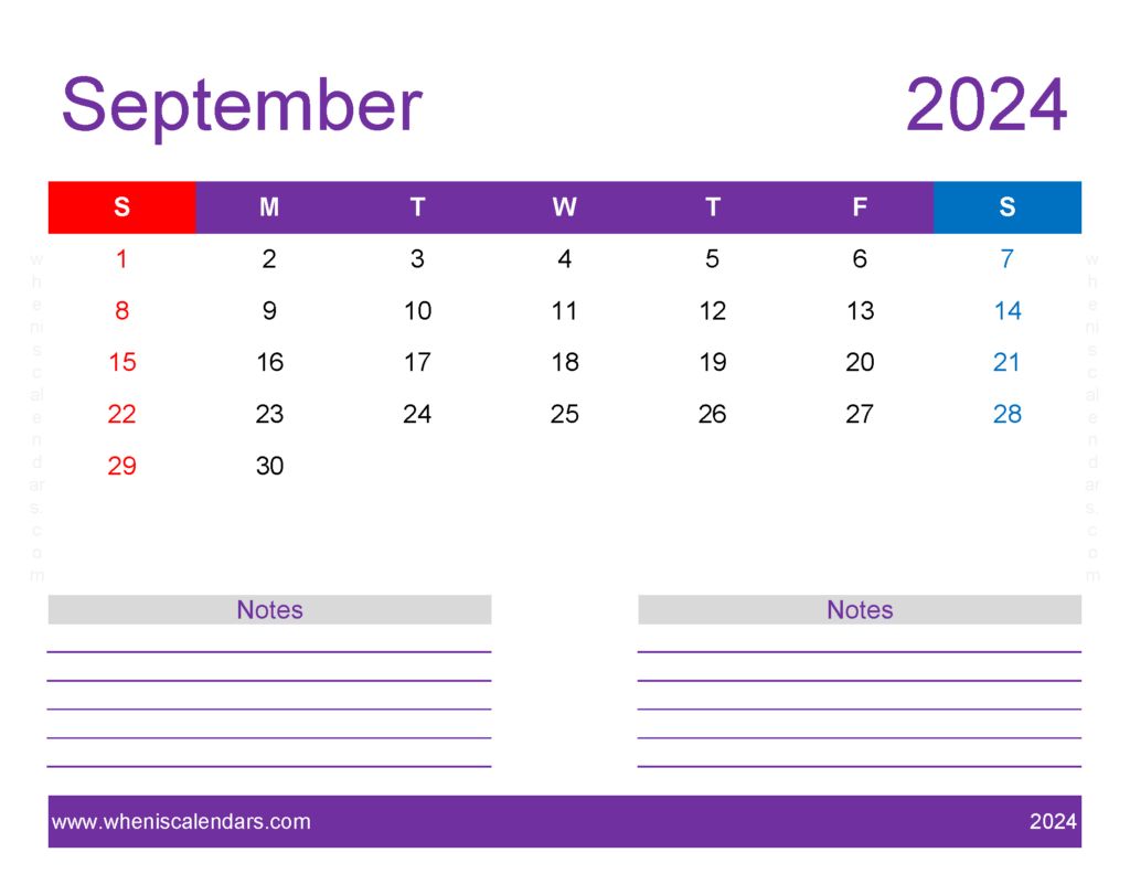 Download print Free Calendar September 2024 Letter Horizontal 94259