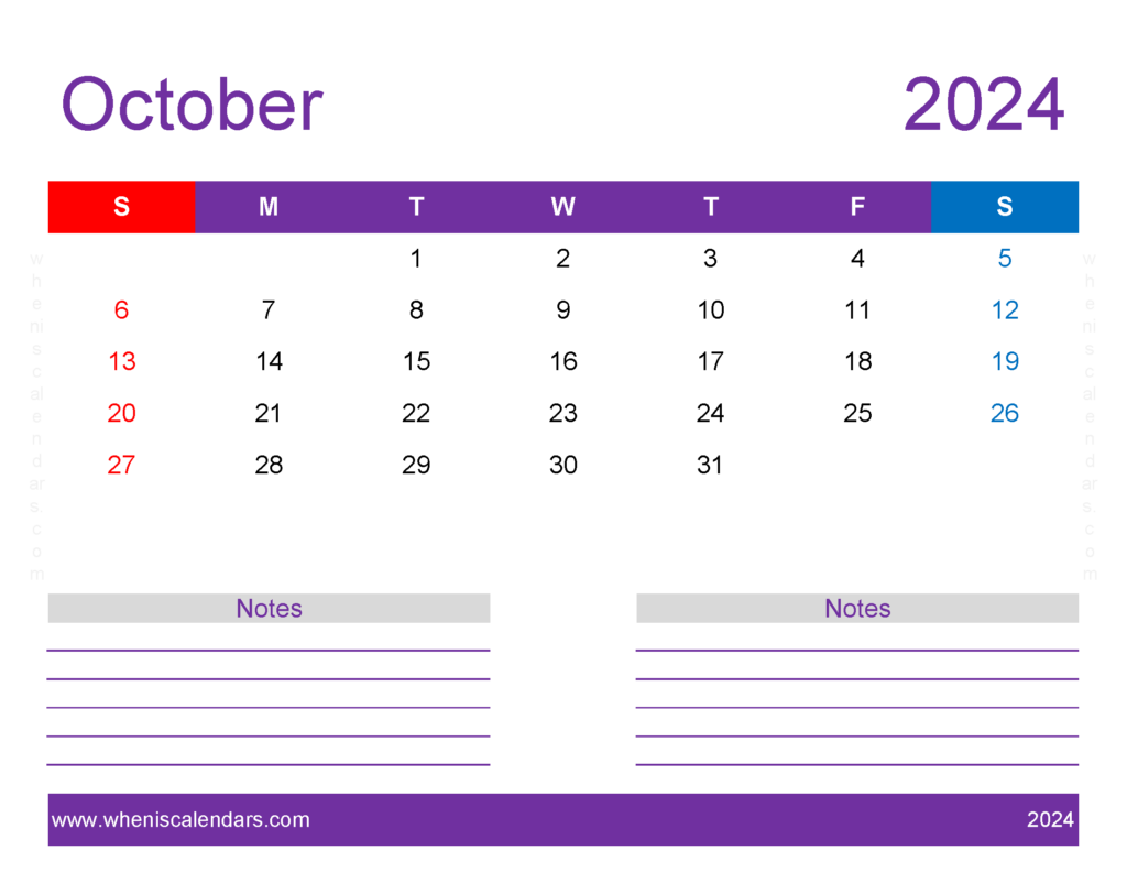 Download print Free Calendar October 2024 Letter Horizontal 104259