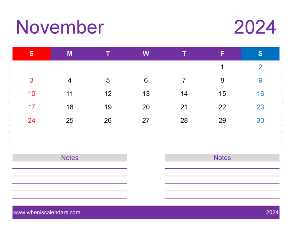 Download print Free Calendar November 2024 Letter Horizontal 114259