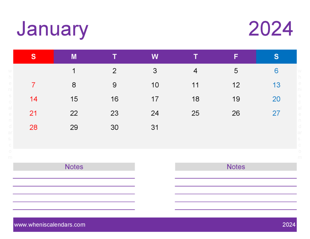 Download print January 2024 Calendar page Letter Horizontal J4260