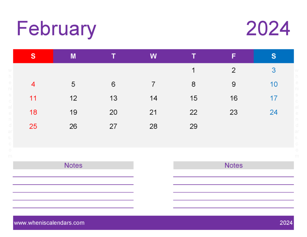 Download print February 2024 Calendar page Letter Horizontal 24260