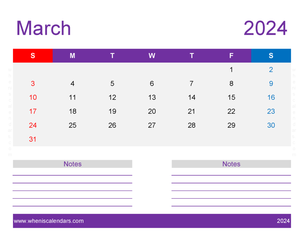 Download print March 2024 Calendar page Letter Horizontal 34260
