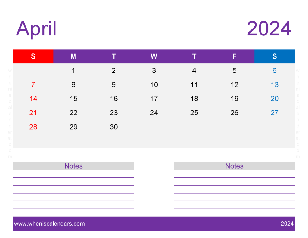 Download print April 2024 Calendar page Letter Horizontal 44260