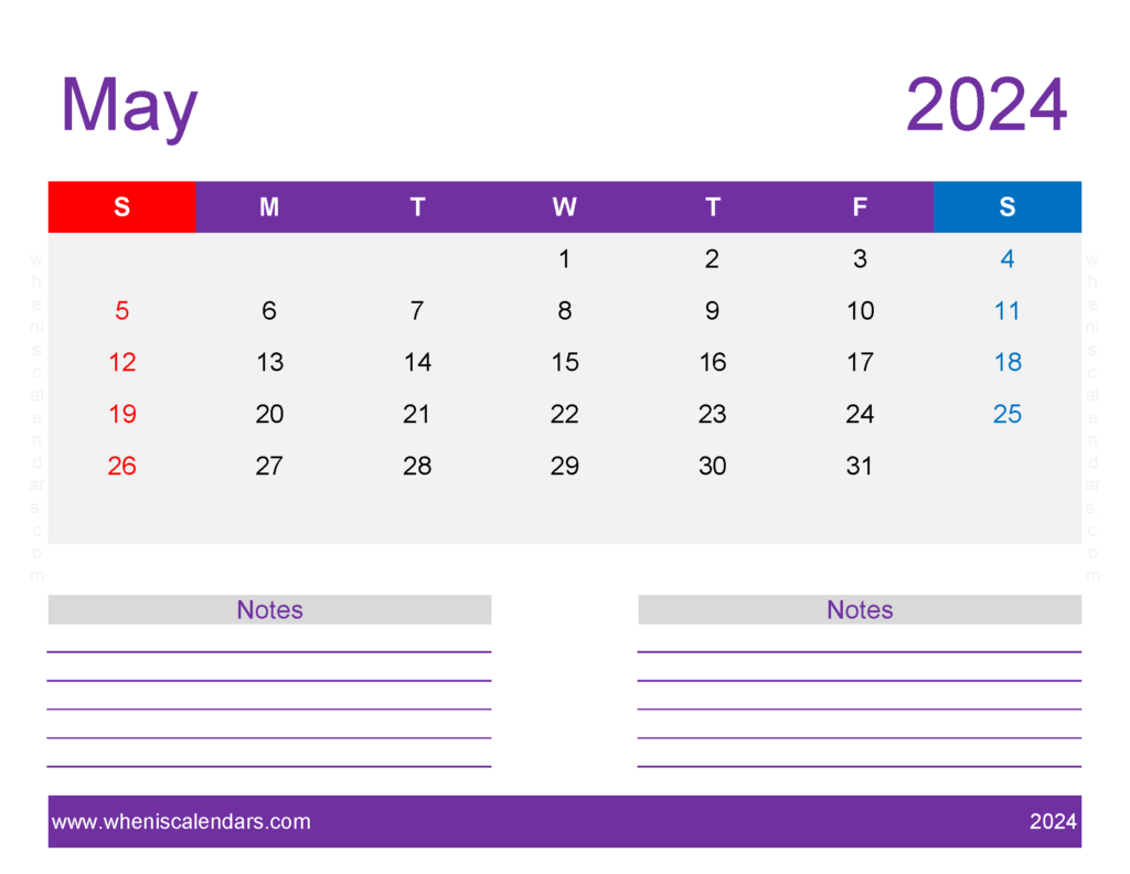 Download print May 2024 Calendar page Letter Horizontal 54260