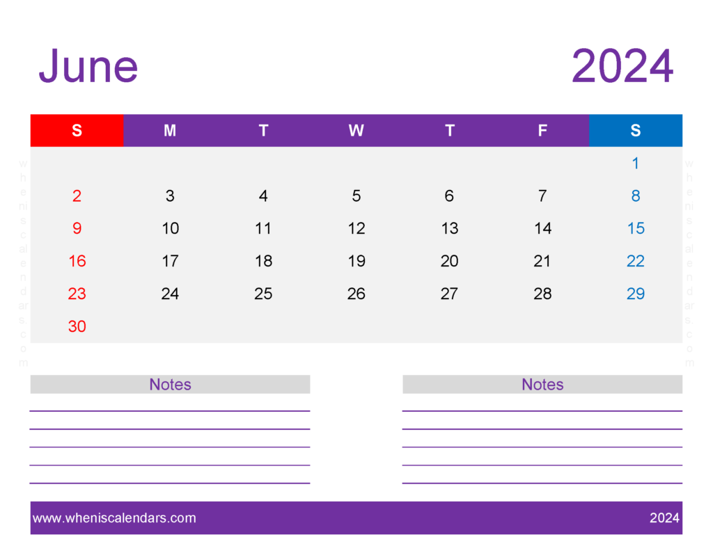 Download print June 2024 Calendar page Letter Horizontal 64260