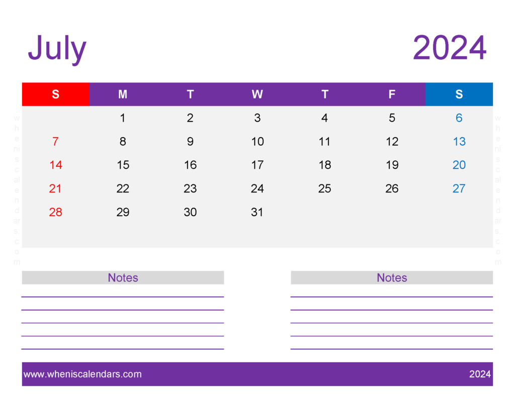 Download print July 2024 Calendar page Letter Horizontal 74260