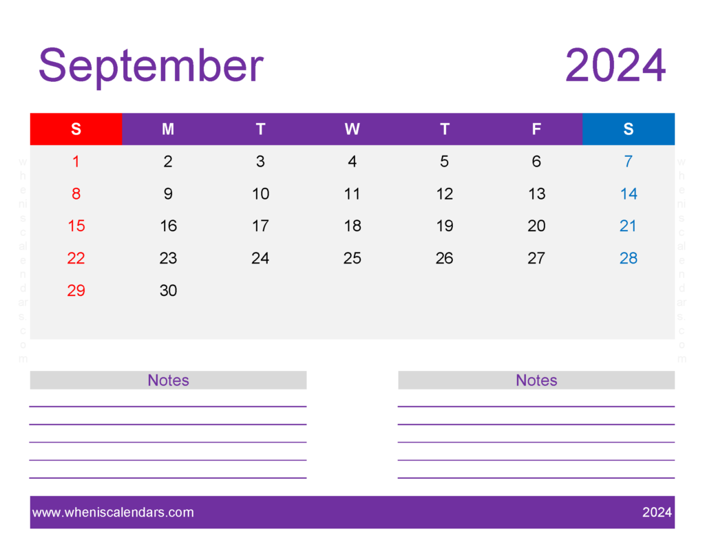 Download print September 2024 Calendar page Letter Horizontal 94260