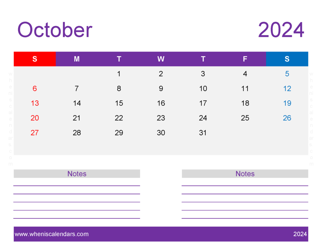Download print October 2024 Calendar page Letter Horizontal 104260