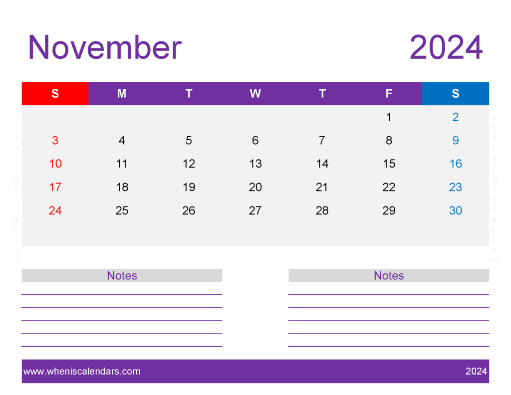 Download print November 2024 Calendar page Letter Horizontal 114260