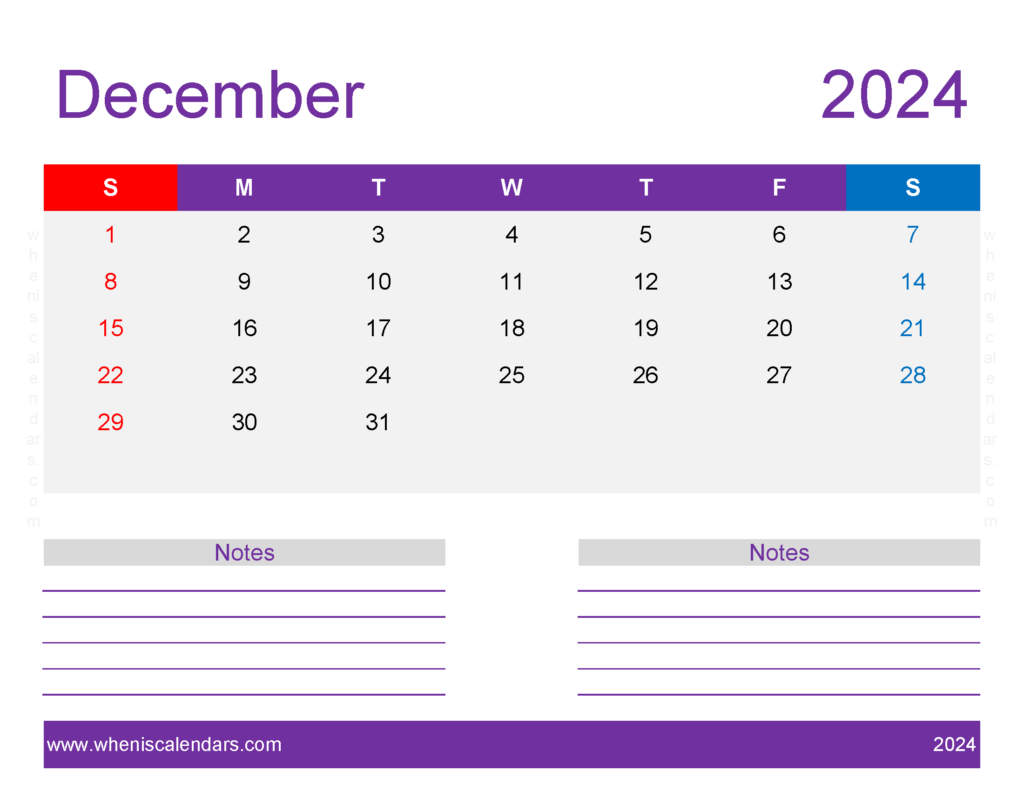 Download print December 2024 Calendar page Letter Horizontal 124260
