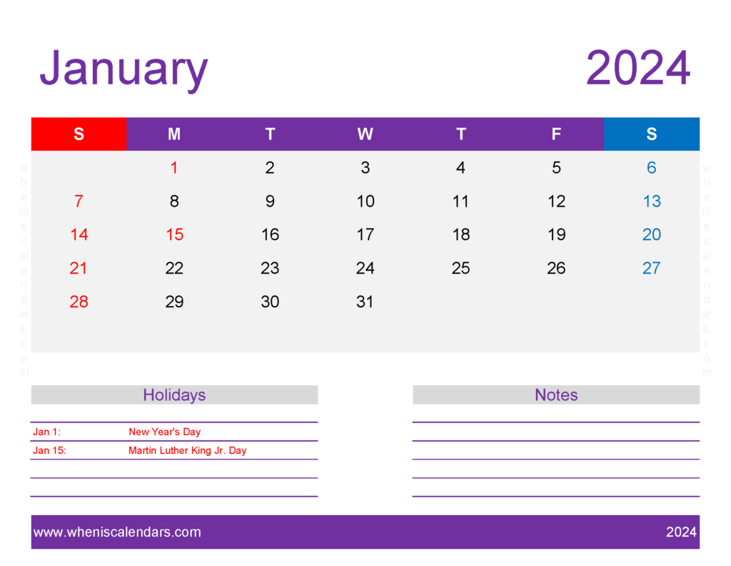 Download January Printable 2024 Calendar Letter Horizontal J4180