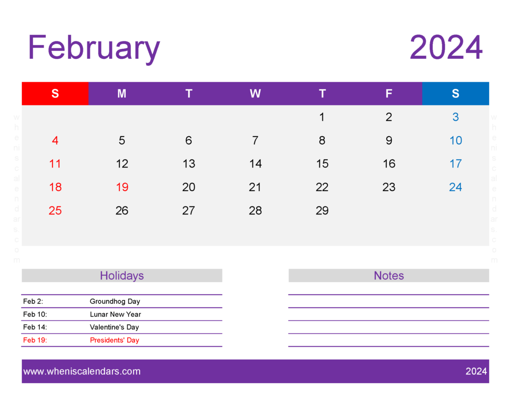 Download February Printable 2024 Calendar Letter Horizontal 24180