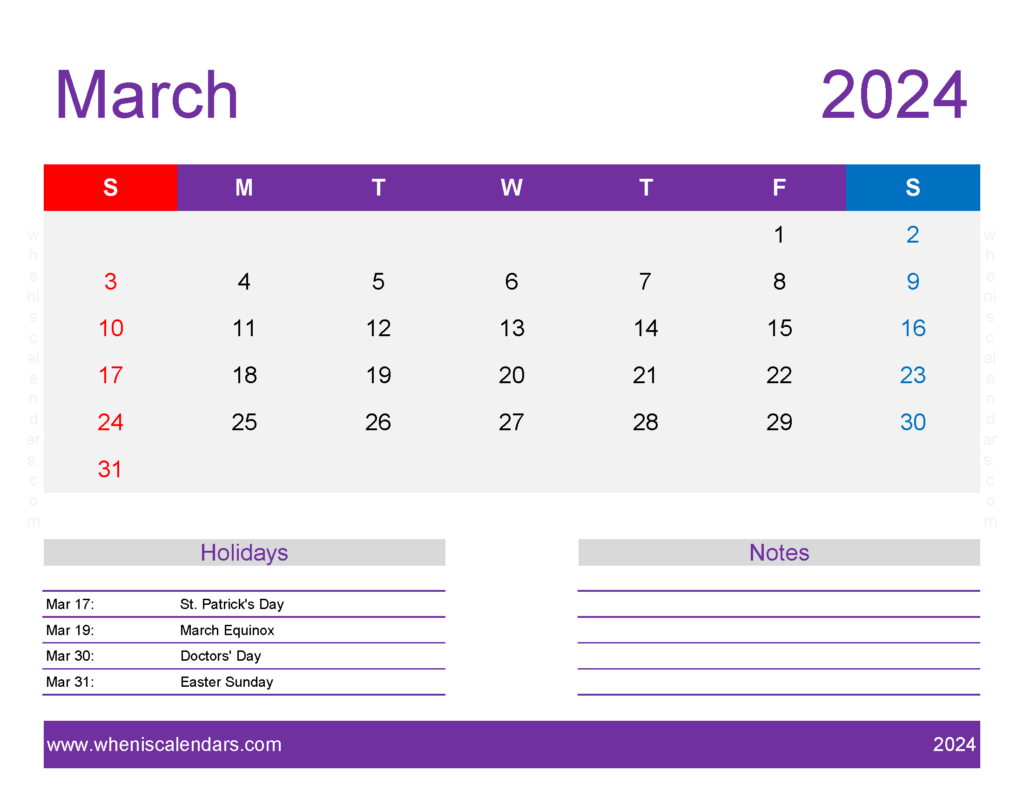 Download March Printable 2024 Calendar Letter Horizontal 34180