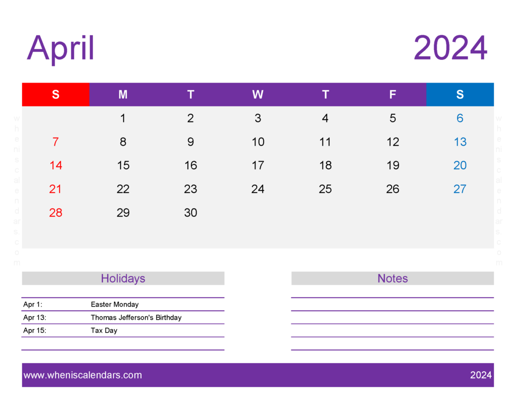 Download April Printable 2024 Calendar Letter Horizontal 44180
