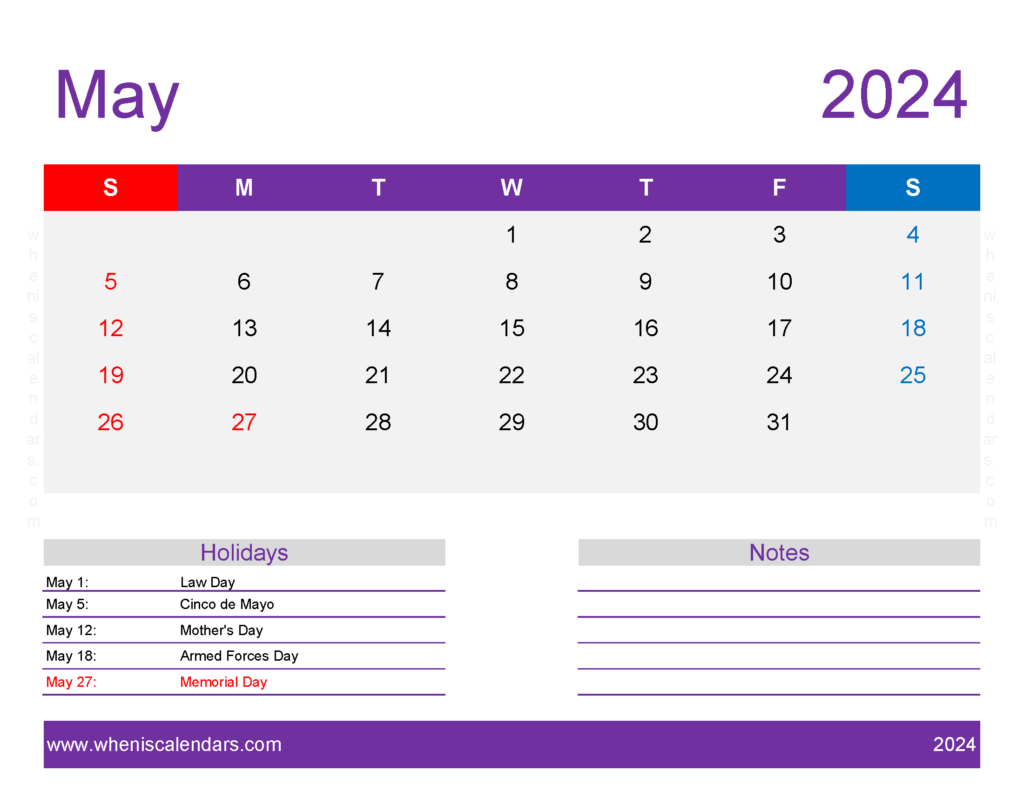 Download May Printable 2024 Calendar Letter Horizontal 54180