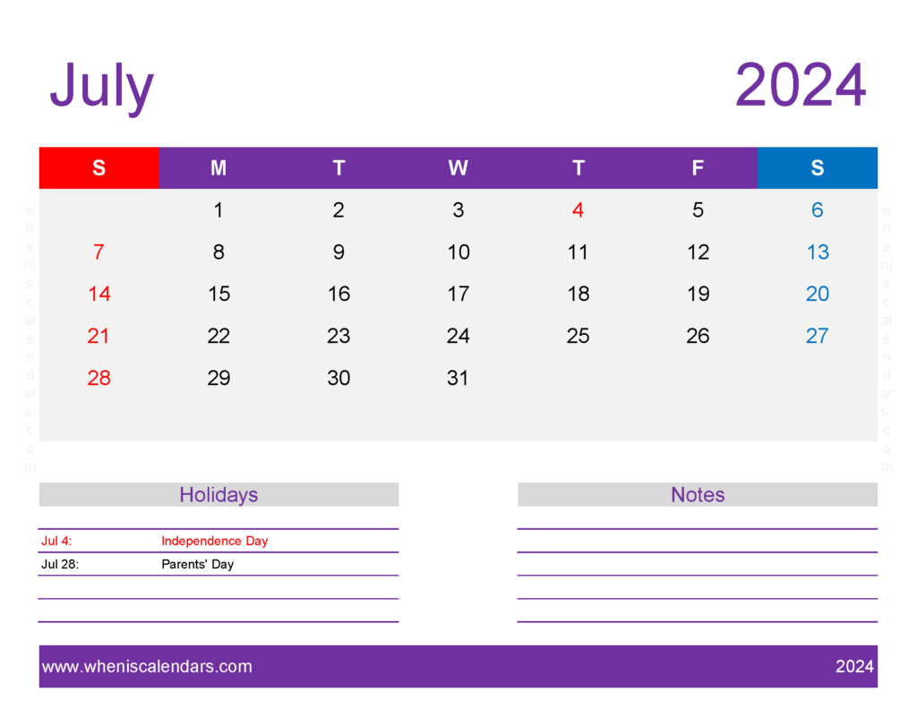 Download July Printable 2024 Calendar Letter Horizontal 74180