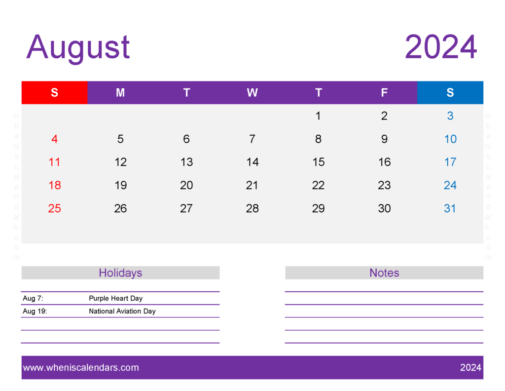 Download August Printable 2024 Calendar Letter Horizontal 84180