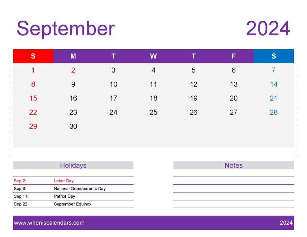 Download September Printable 2024 Calendar Letter Horizontal 94180