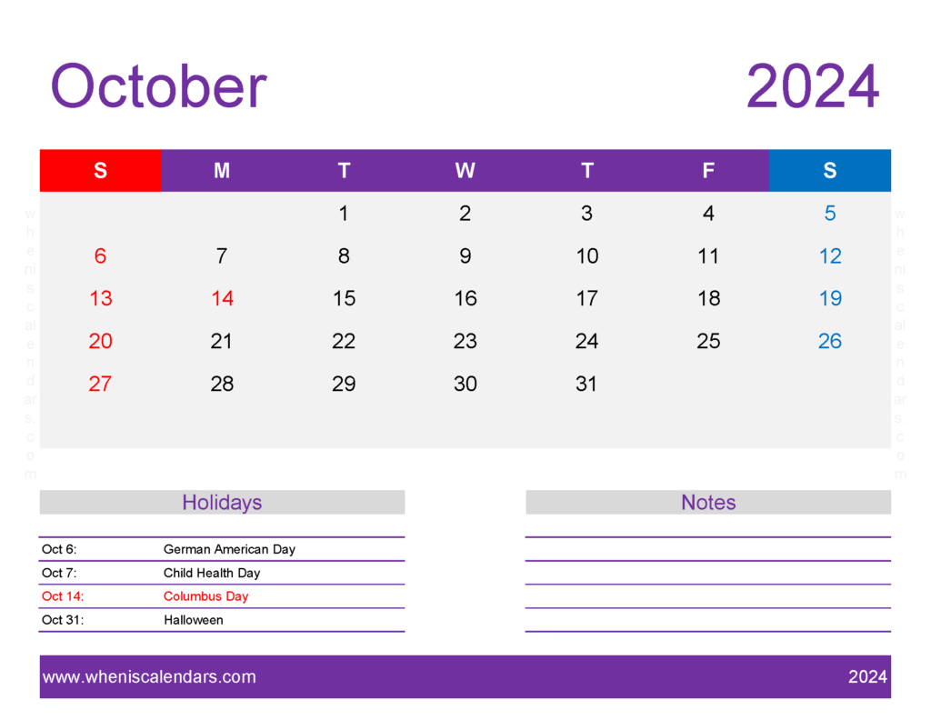 Download October Printable 2024 Calendar Letter Horizontal 104180