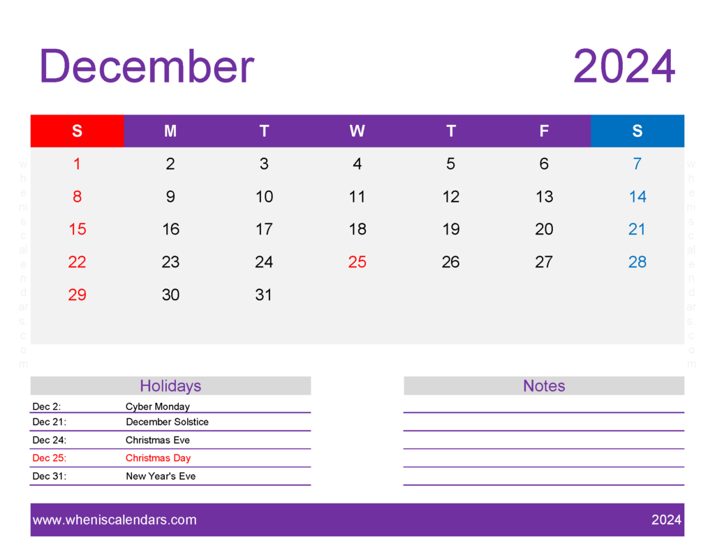Download December Printable 2024 Calendar Letter Horizontal 124180