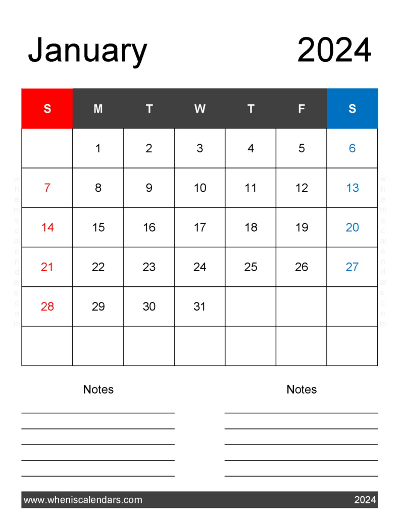 Download January 2024 Calendar page Printable Letter Vertical J4261