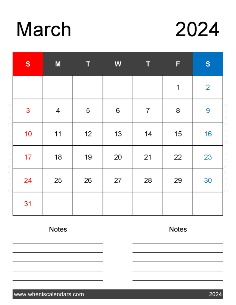 Download March 2024 Calendar page Printable Letter Vertical 34261